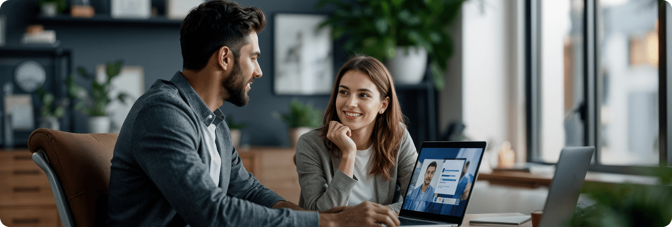 A man and woman sit at a table, focused on a laptop, engaged in a discussion or collaboration.
