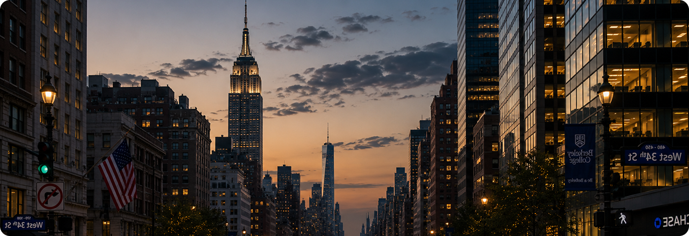 A city street at dusk, illuminated by streetlights, with silhouettes of buildings and a few pedestrians walking.